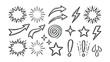 © MSTTASPRIYA - Crayon drawn attention symbols and doodle emphasis marks collection. Hand drawn sparkle bursts, comic rays, sketch highlight signs, manga starburst shapes and vector illustration