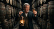 © Luiz - A Connoisseur's Moment: An experienced man with a distinguished beard holds a lantern and a glass of amber liquid, surrounded by aging barrels in a dimly lit cellar.