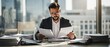 © David - Focused businessman reviewing financial documents at desk in modern office with city view, analyzing reports and managing paperwork diligently