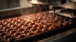 © JT Studio - Liquid chocolate flows from nozzles onto molds shaped like hearts in an automated chocolate production line.