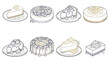 © Nuria - Collection of delicious cheesecakes and desserts, hand-drawn line art illustrations.