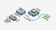 © Izam - Isometric diagram illustrating the secure data workflow process from source collection through encryption to storage and continuous monitoring