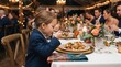 © shaista khawar - Elegant wedding reception dinner with young boy in suit eating, formal banquet celebration with guests, warm festive atmosphere with floral centerpieces