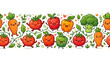 © Nataliya Selyutina - Fun horizontal border with cute vegetable characters, carrots, tomatoes, peppers, broccoli and leaves, colorful kawaii style, perfect for kids design, isolated on white background, commercial stock