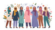 © Lariss - Diverse group of women wearing hijabs standing together in a friendly community illustration.