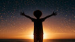 © vannet - Happy young child stands with arms open wide beneath a sparkling twilight sky while golden sun rays shine against the horizon during a peaceful moment of wonder
