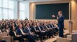 © Abdikadir  - Confident Business Executive Delivering Corporate Presentation to Professional Audience in Modern Conference Auditorium