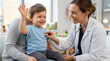 © Cicil - Happy child with waving hand during pediatrician checkup with stethoscope