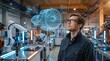 © Alisha - Engineer inspecting aircraft engine hologram. Technician using augmented reality in factory.