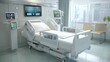 © Linwood's Graphics - High-tech hospital bed with digital controls and side screens, empty ward background