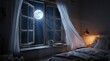 © Agus - Serene bedroom bathed in moonlight through an open window with curtains gently swaying, creating a peaceful night scene
