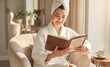 © Ramani - Relaxing Woman Reading – leisure, calm, comfort, wellness, routine, cozy, home, selfcare, rest, peaceful, lifestyle, morning, robe, towel, serenity