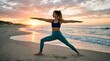 © Ali - A fit woman practices warrior yoga pose on a sandy beach at sunset, useful for wellness, fitness, mindfulness, and coastal retreat promotions.