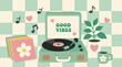 © Uttamkumar - Retro mint record player with vinyl, good vibes message, plant, coffee, hearts and music notes on pastel checkerboard background, cheerful flat vector for nostalgic music lifestyle decor