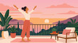 © Jhangeer - Peaceful woman practicing mindful breathing on a balcony at sunrise, arms raised to a pink orange sky, serene vector wellness scene with plants, ocean view, mountains and fresh morning calm