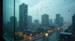 © Leonardo - Primer plano de grandes gotas de lluvia deslizándose por la ventana de una oficina moderna, con el perfil urbano desenfocado al otro lado del cristal