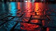 © Leonardo - Primer plano de un pavimento de ladrillo mojado que refleja las luces de la ciudad durante una tormenta
