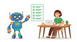 © Sohan - Friendly Blue Robot Assistant Pointing at Floating Digital Checklist Beside Happy Office Worker at Wooden Desk with Laptop, AI Technology Collaboration and Modern Workplace Productivity, Flat Vector