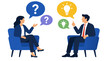 © Jubair - Business Professionals Meeting with Question and Idea Speech Bubbles, Corporate Discussion Vector Illustration of Man and Woman in Suits Sitting Across Office Chairs with Floating Question Marks and