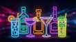© ary - A vibrant neon sign displays stylized outlines of various cocktail glasses and liquor bottles against a dark background.