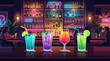 © ary - Four colorful cocktails with straws and garnishes sit on a bar counter in front of shelves filled with illuminated liquor bottles and neon signs.