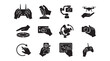 © Toqeer - Drone pilot control icons set, 12 black silhouette vector symbols of remote operation, aerial photography equipment and uav navigation gestures