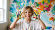 © Creative Stocker - A happy young girl with paint on her face and hands smiling in front of a colorful painted map ad social media download thambnail template event festive festival 2026 2027 2028