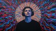 © Borasca - Young man with headphones surrounded by vibrant psychedelic abstract swirl pattern in colorful artistic expression
