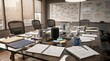 © Nurul - Messy modern office conference room with whiteboards and brainstorming notes.