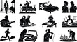 © Shahriar - Set of black silhouette representing people listening to music, playing instruments, dancing, and engaging in various audio activities