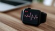 © Thares2020 - A smartwatch displaying heart rate graph on screen resting on wooden surface near laptop computer