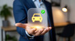 © Alexandr Peers - Approved car icon marked by a round tick, vehicle inspection emblem of passed checkups, roadworthy status and reliable motors in service station offers and used car market publications
