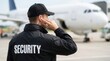© SunSpirit - Security guard wearing a black uniform and cap listening to an earpiece at an airport.