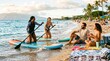 © velikiyzayats - Diverse young adult friends enjoying a sunny beach vacation with paddleboarding and relaxing on the sand, representing active lifestyle, friendship, and summer travel