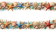 © Nataliya Selyutina - Decorative horizontal border featuring realistic shells, starfish, coral pieces and sea glass framing generous copy space, isolated on white background, commercial stock illustration, ultra detailed