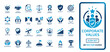 © Muqarab - Corporate Values vector icon set. Includes symbols for Integrity, Trust, Diversity, Teamwork, Innovation, and Leadership. Blue flat graphic icons for company culture and business ethics.