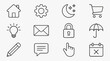 © Tina - Elegant Minimalist Black and White Line Icons Set Featuring Home Gear Moon Shopping Cart Lightbulb Envelope Lock Umbrella Pencil Speech Bubble Finger Gesture Calendar