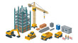 © Sukedi - Isometric Illustration of a Building Under Construction with Heavy Machinery