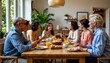 © MakeitEasy - A diverse group of seven people is gathered around a wooden dining table, sharing a meal in a bright, cozy room