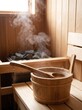 © Violet - Wooden ladle inside sauna bucket with steam in rustic setting