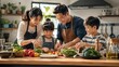 © AndrewVan - Happy family preparing a healthy homemade meal together in a bright modern kitchen. Fresh vegetables, natural sunlight, and genuine smiles