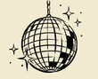 © srina - Disco ball sketch, mirror ball, party illustration, hand drawn disco, retro 70s dance, sparkle stars, hanging chain, ink drawing art