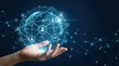 © Jun - Futuristic digital globe with network nodes, hand holding holographic earth, global connectivity concept for technology business innovation and communication systems worldwide