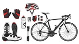 Bicycle maintenance kit and cycling apparel with white road bike.