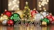 © Thegh0sT - 2026 New Year greeting with Christmas tree. Festive holiday background with shiny ornaments.