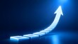 © Home Stock - Glowing bright blue steps forming an upward arrow representing business strategy financial growth and career progress success concept