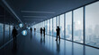 © Shehzad - Corporate professionals connecting through digital network nodes inside modern glass office corridor with silhouettes business people