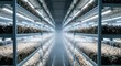 © Lai - Vast indoor mushroom farm with rows of shelves under bright grow lights, showcasing advanced vertical cultivation for abundant harvest.