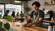 © stefanholm - Wide shot of a joyful barista serving steaming adaptogenic mushroom coffee securely grounded in a bustling earthy cafe.
