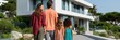 © Iryna - Family walking toward modern villa entrance with children in summer dresses for real estate and lifestyle background usage